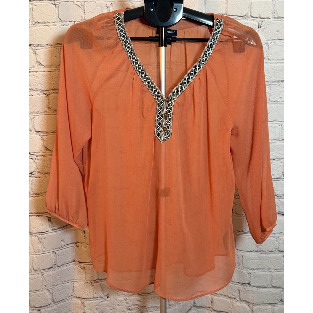 I.N. Studio Womens Coral Orange Embroidered V-Neck Chiffon Blouse Size Large
